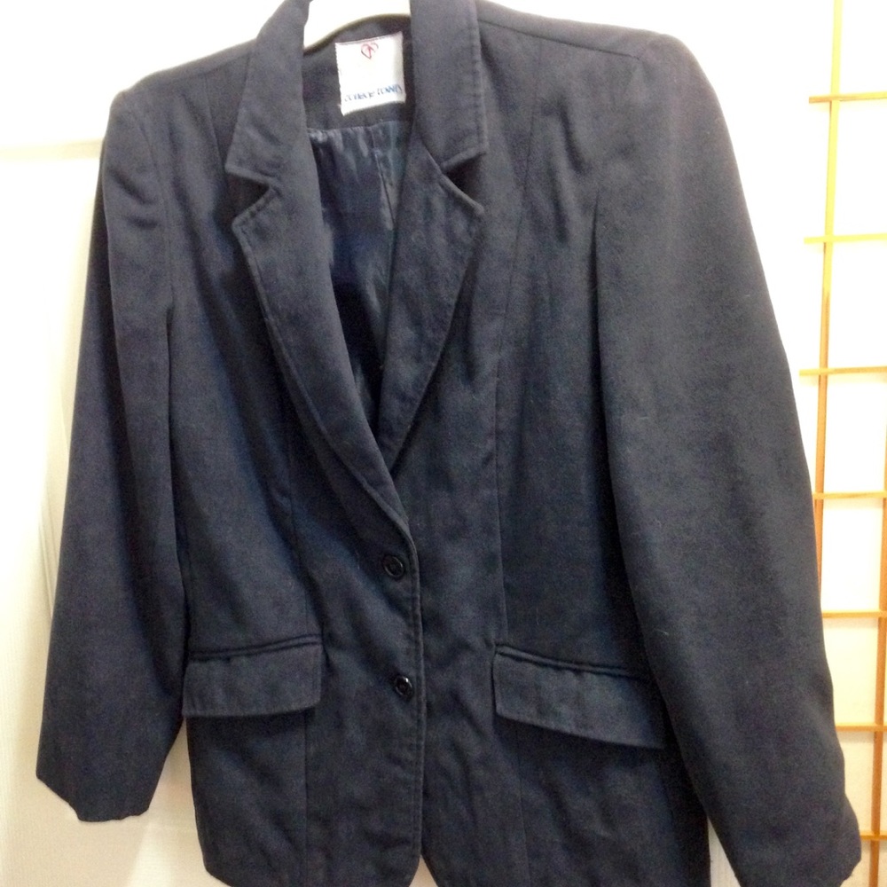 Dark blue cotton poly blend suede-cloth blazer.